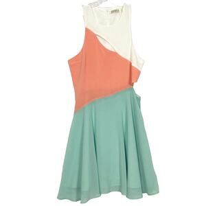 NWOT JOVONNISTA Dress US 10 Colorblock Peach Blue White Cut-Out Fit&Flare Knee